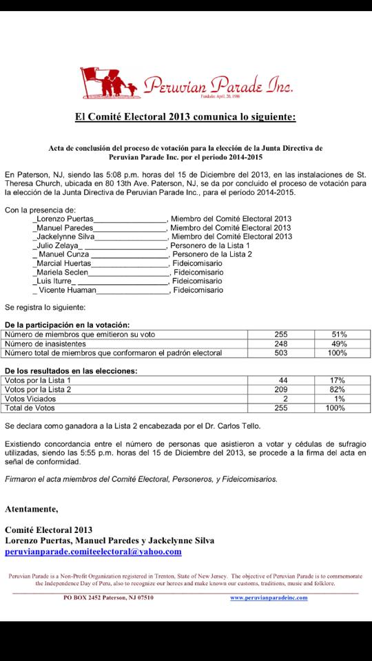 Acta de resultados emitido por el Comité Electoral de Peruvian Parade.