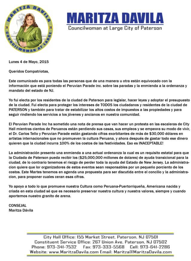 050415 MARITZA DAVILA COMUNICADO