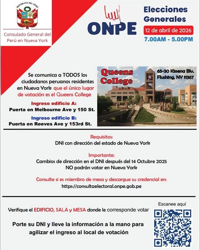 ¿DÓNDE VOTAN LOS PERUANOS DE NUEVA YORK ESTE DOMINGO 12 DE ABRIL&nbsp;2026?
