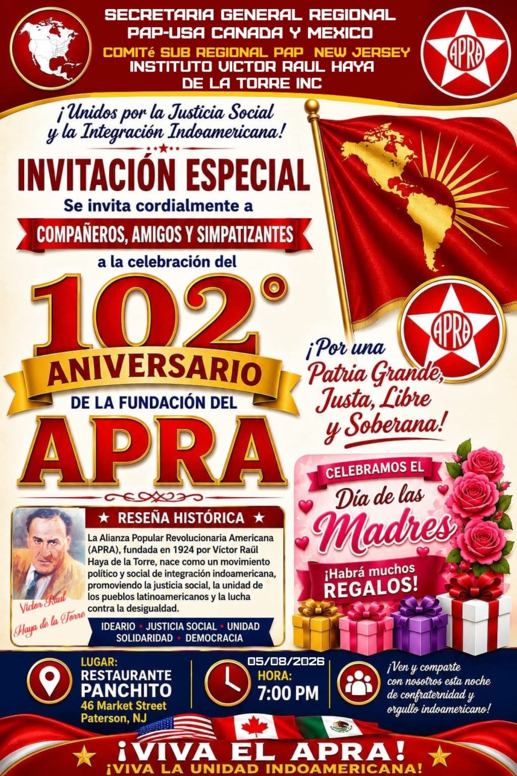 PARTIDO APRISTA CELEBRA EN PATERSON 102 ANIVERSARIO DE LA FUNDACIÓN DEL&nbsp;«APRA»